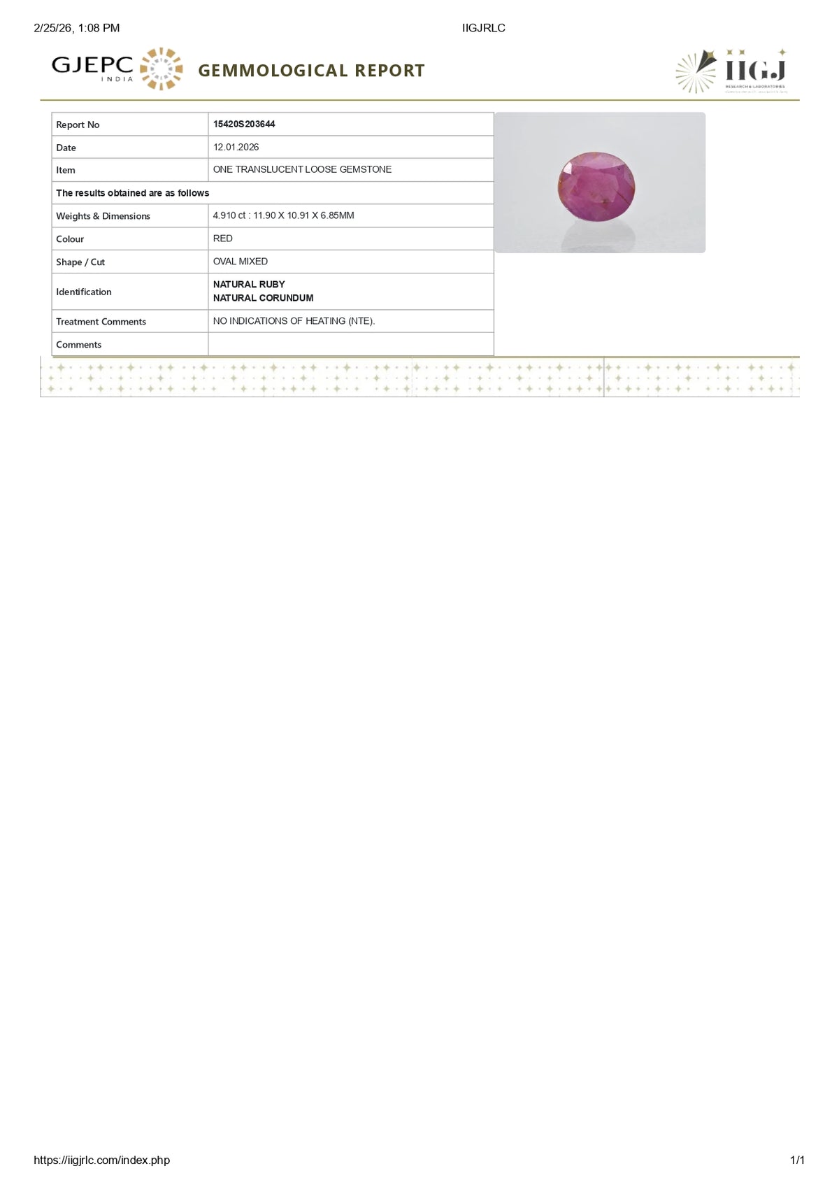Natural Ruby (Manik) 4.91 Carats / 5.4 Ratti