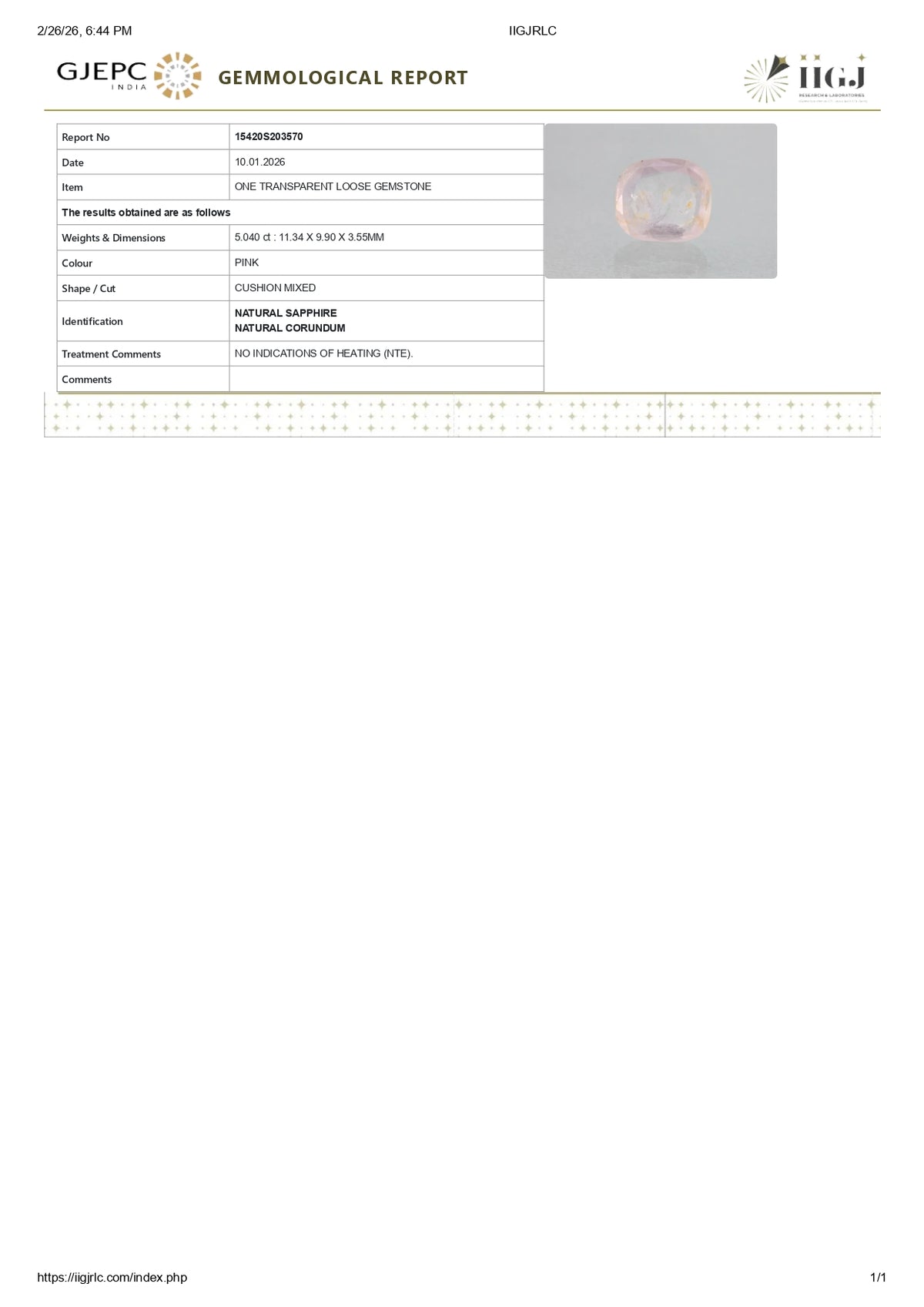 Natural Pink Sapphire 5.04 Carats / 5.54 Ratti
