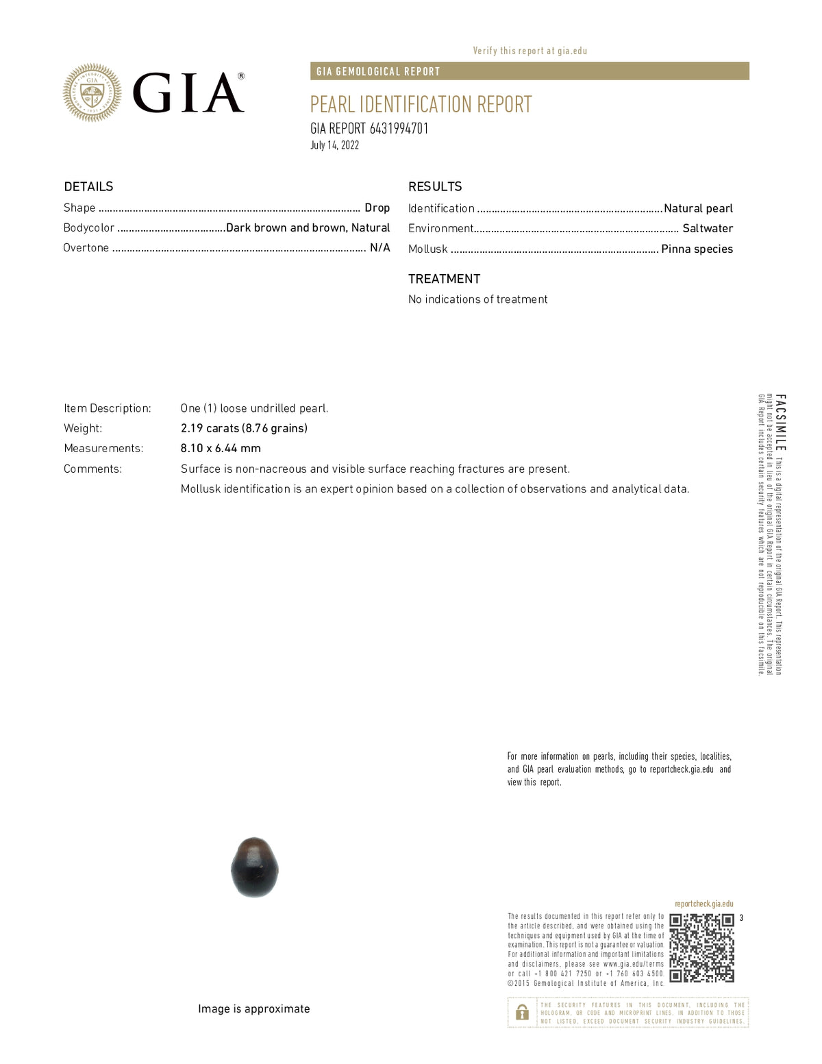 Basra Pearl 2.19 Carats / 2.41 Ratti