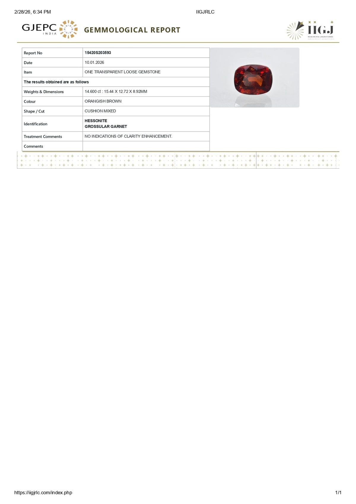 Sri-Lankan Hessonite (Gomed) 14.60 Carats / 16.04 Ratti