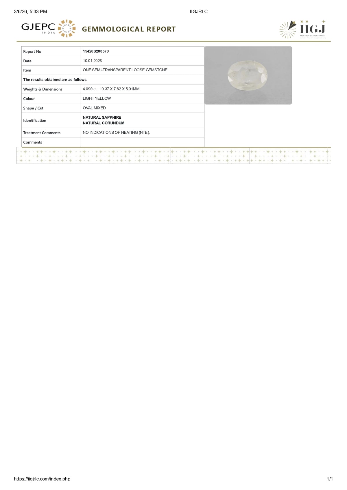 Natural Yellow Sapphire 4.09 Carats / 4.49 Ratti