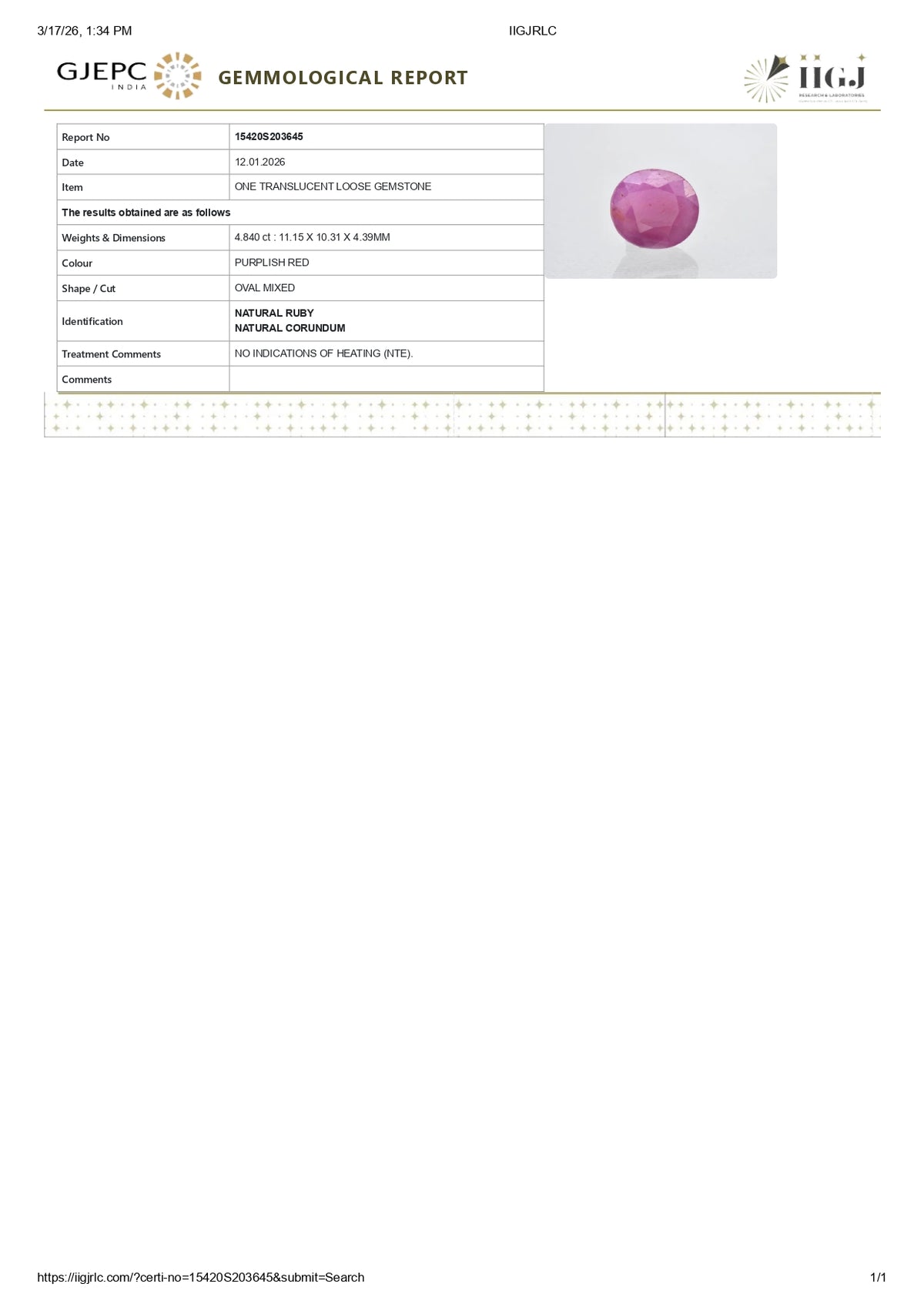 African Ruby (Manik) 4.84 Carats / 5.32 Ratti