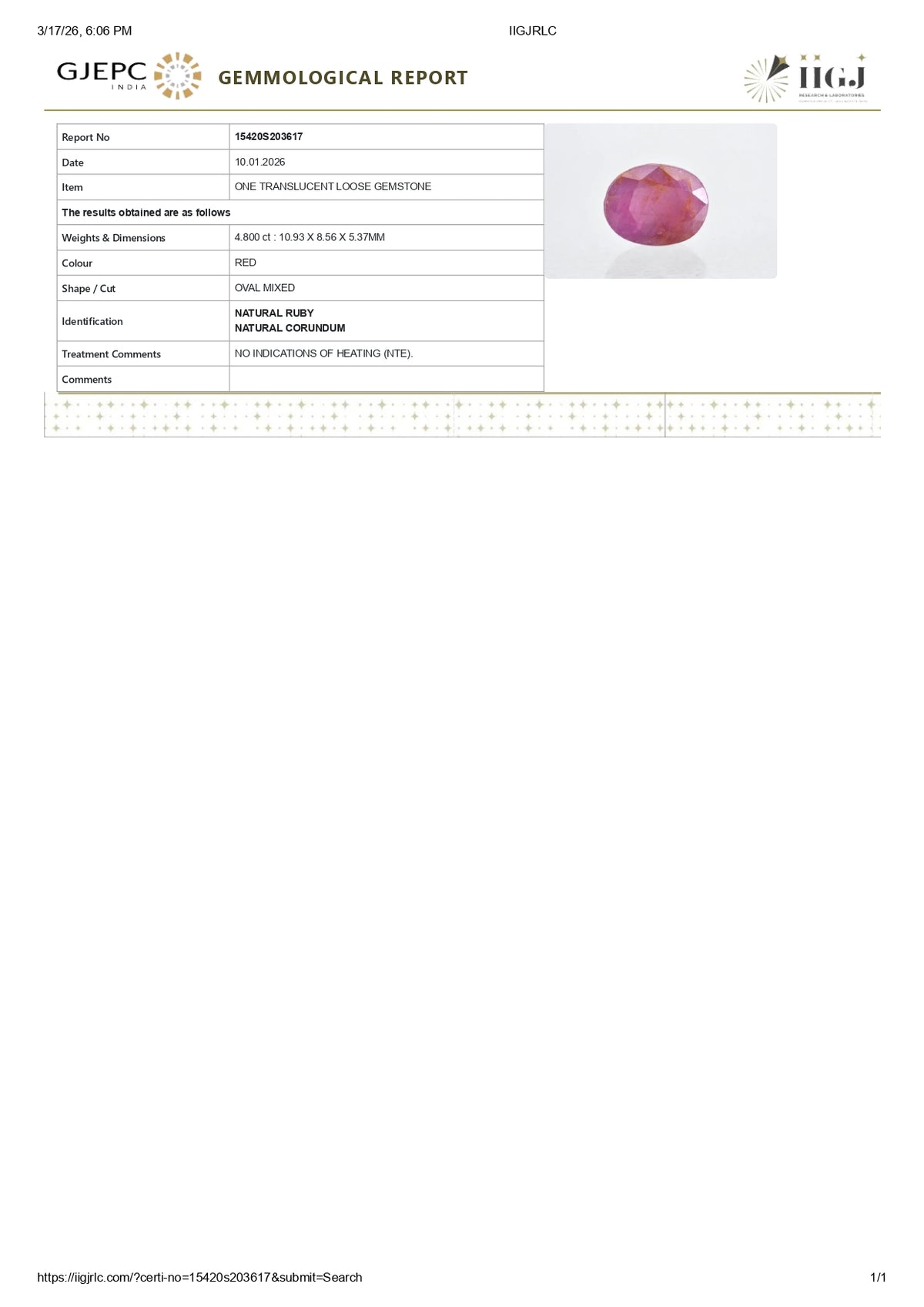 African Ruby (Manik) 4.80 Carats / 5.27 Ratti