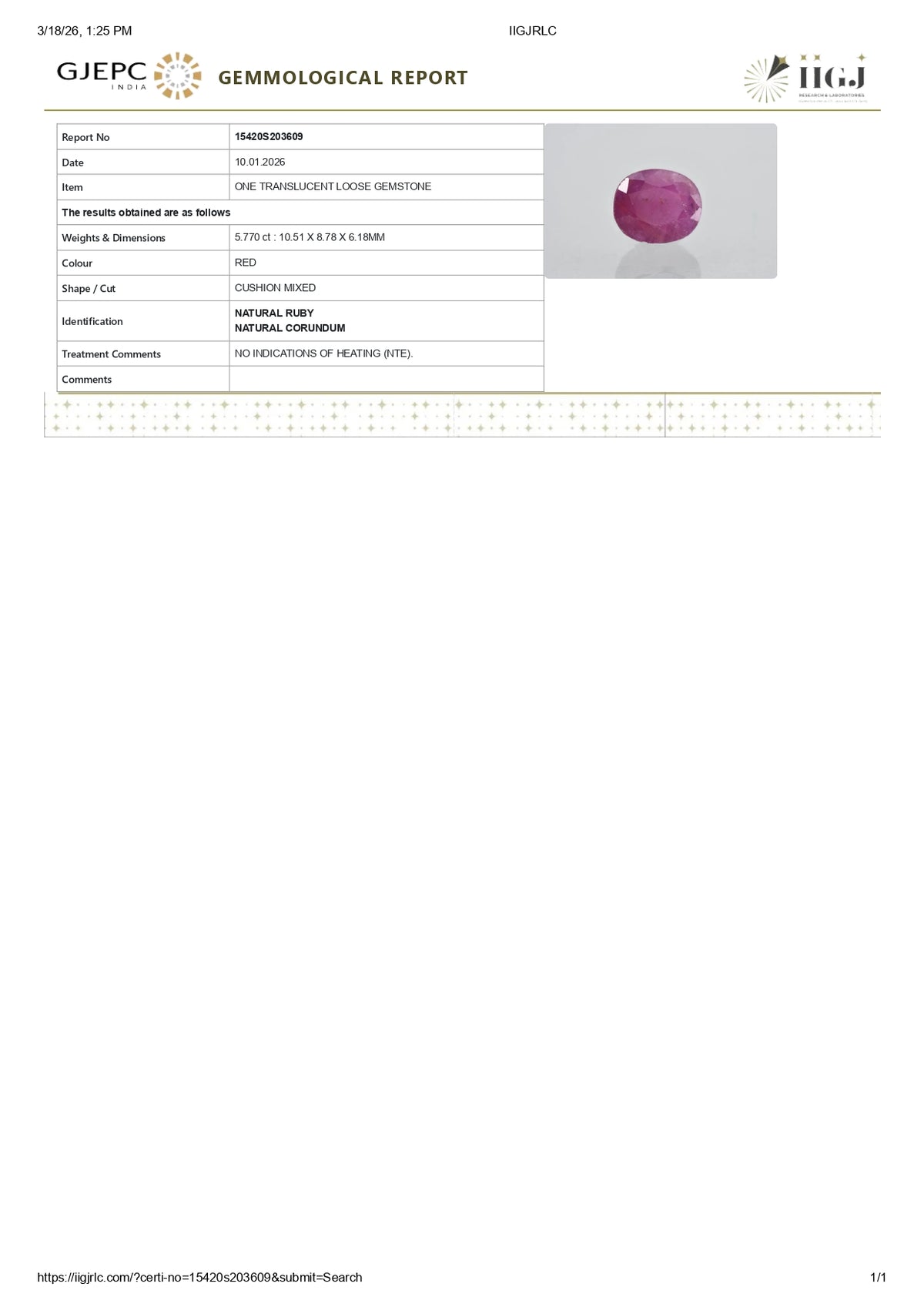 African Ruby (Manik) 5.77 Carats / 6.34 Ratti