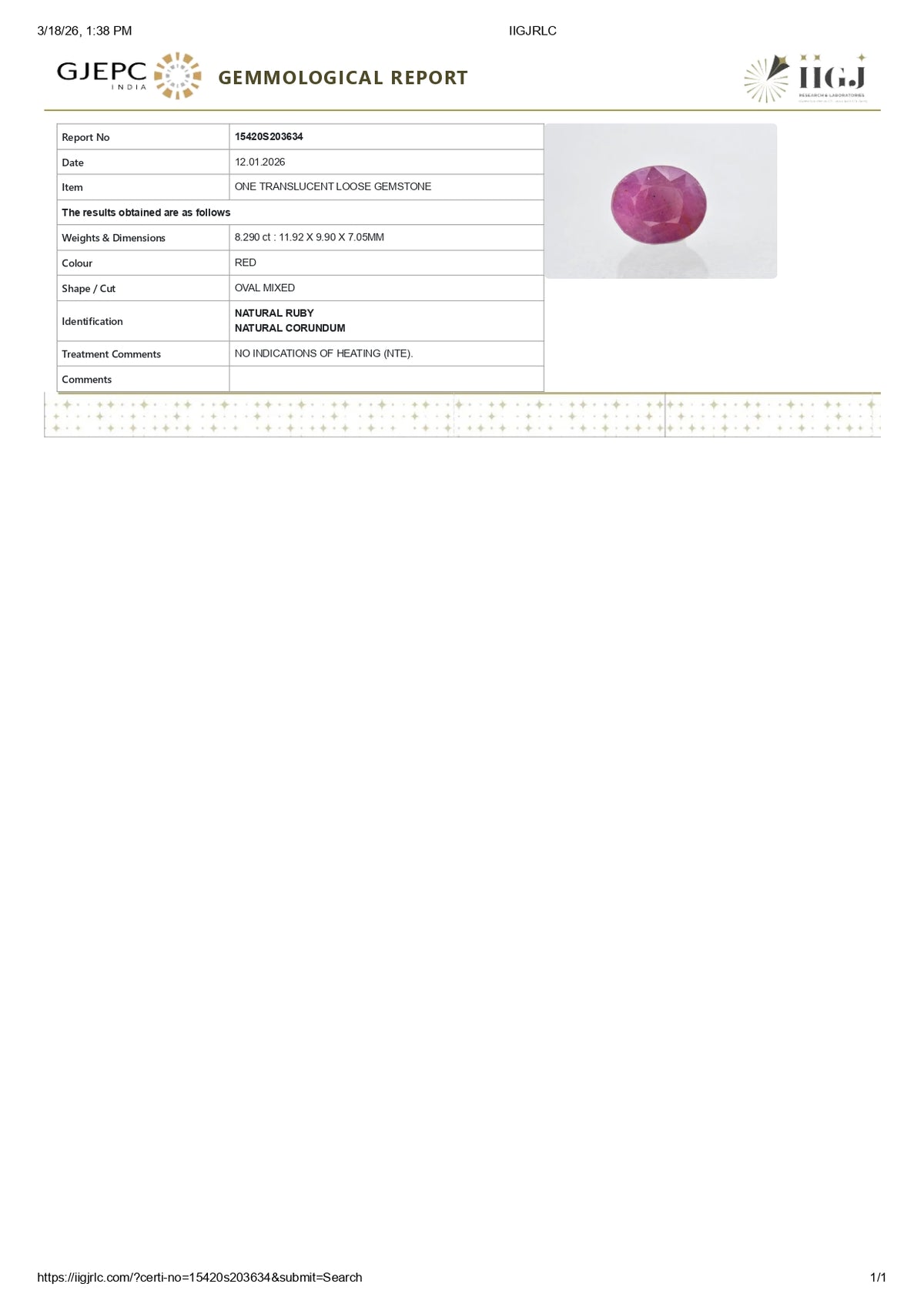 African Ruby (Manik) 8.29 Carats / 9.11 Ratti