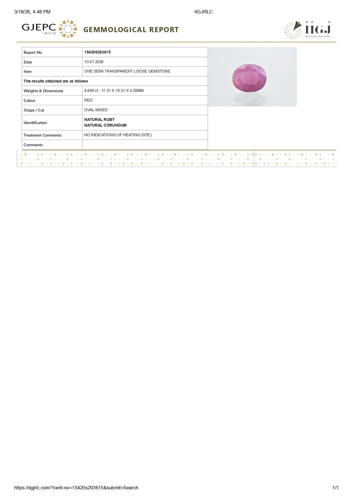 Natural Ruby (Manik) 4.69 Carats / 5.15 Ratti