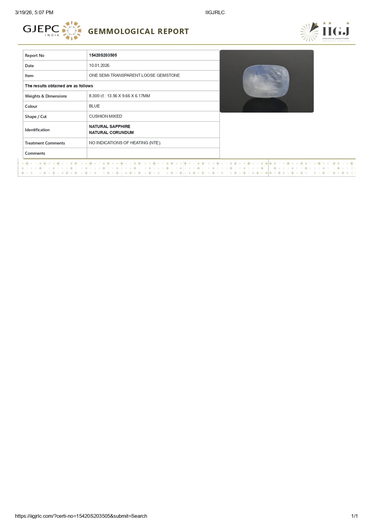 Natural Blue Sapphire 8.30 Carats / 9.12 Ratti