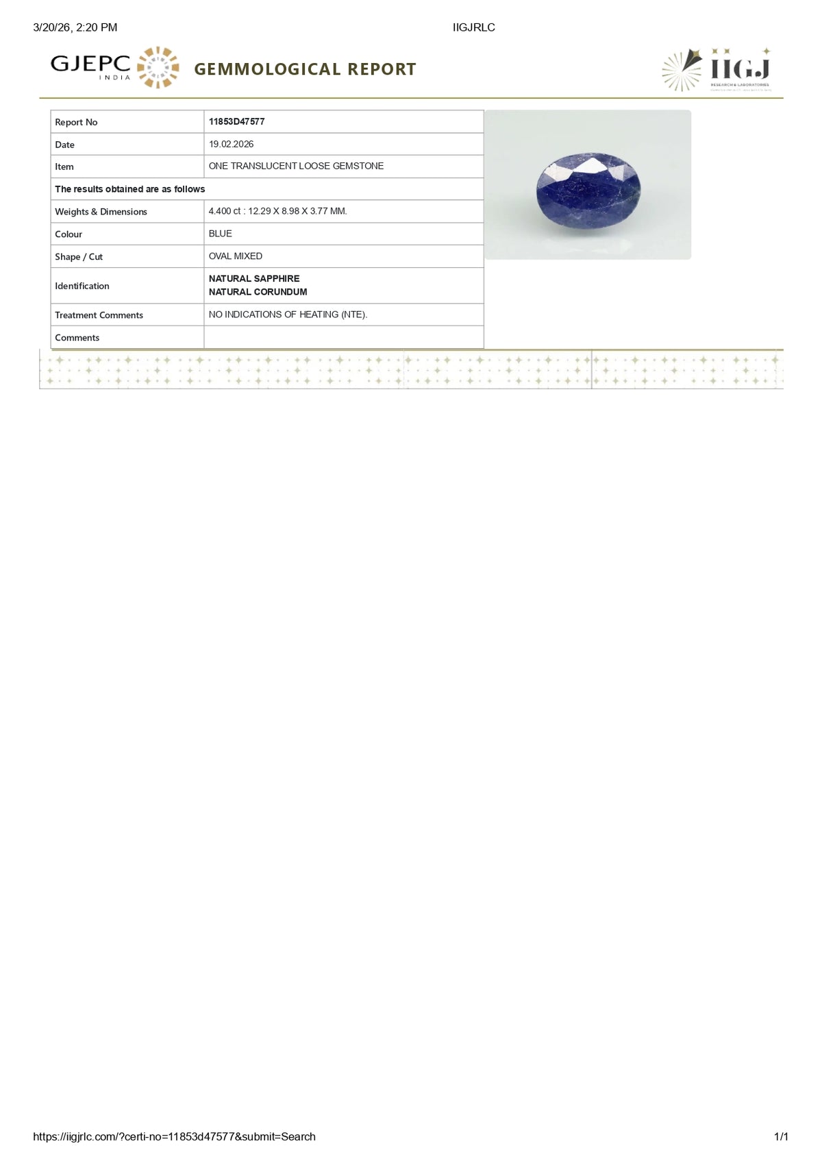 Natural Blue Sapphire 4.40 Carats / 4.84 Ratti