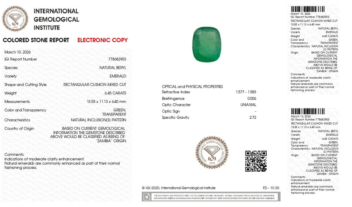Zambian Emerald (Panna) 6.45 Carats / 7.09 Ratti