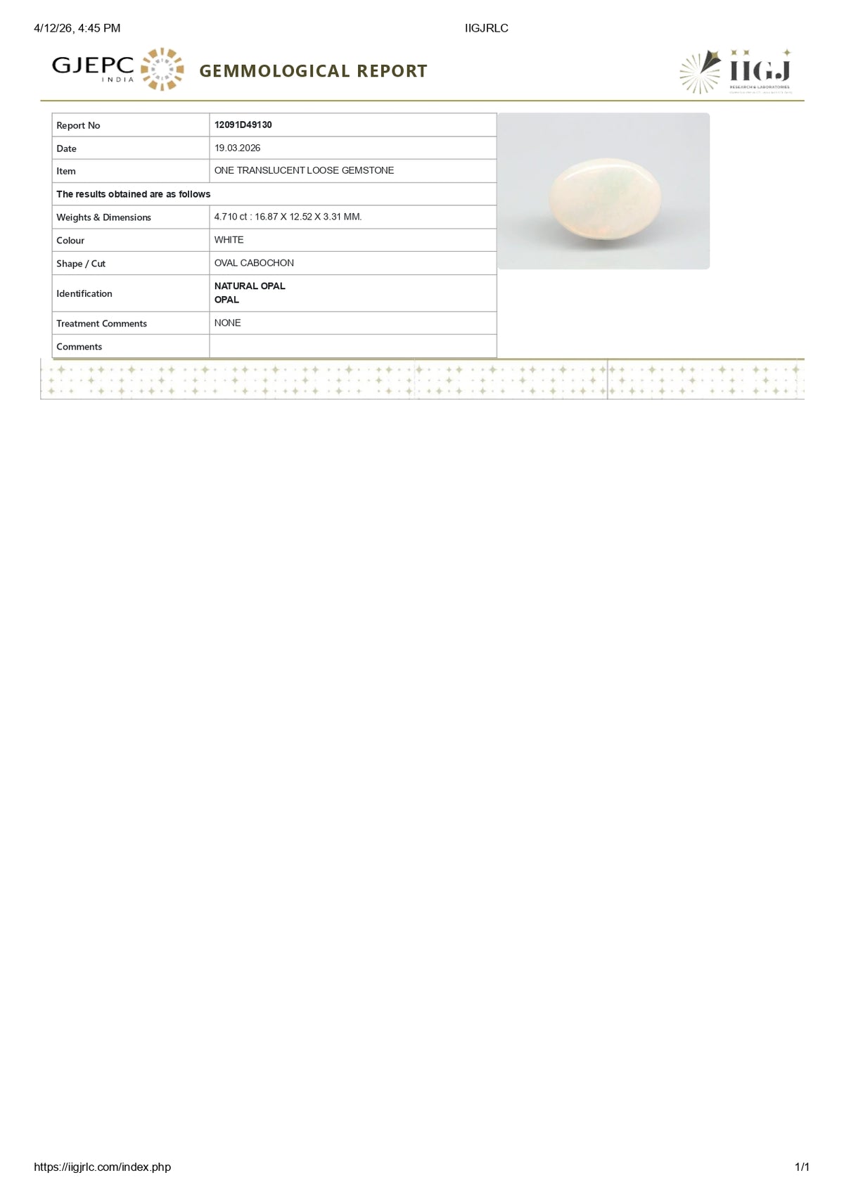 White Opal With Fire 4.71 Carats / 5.18 Ratti