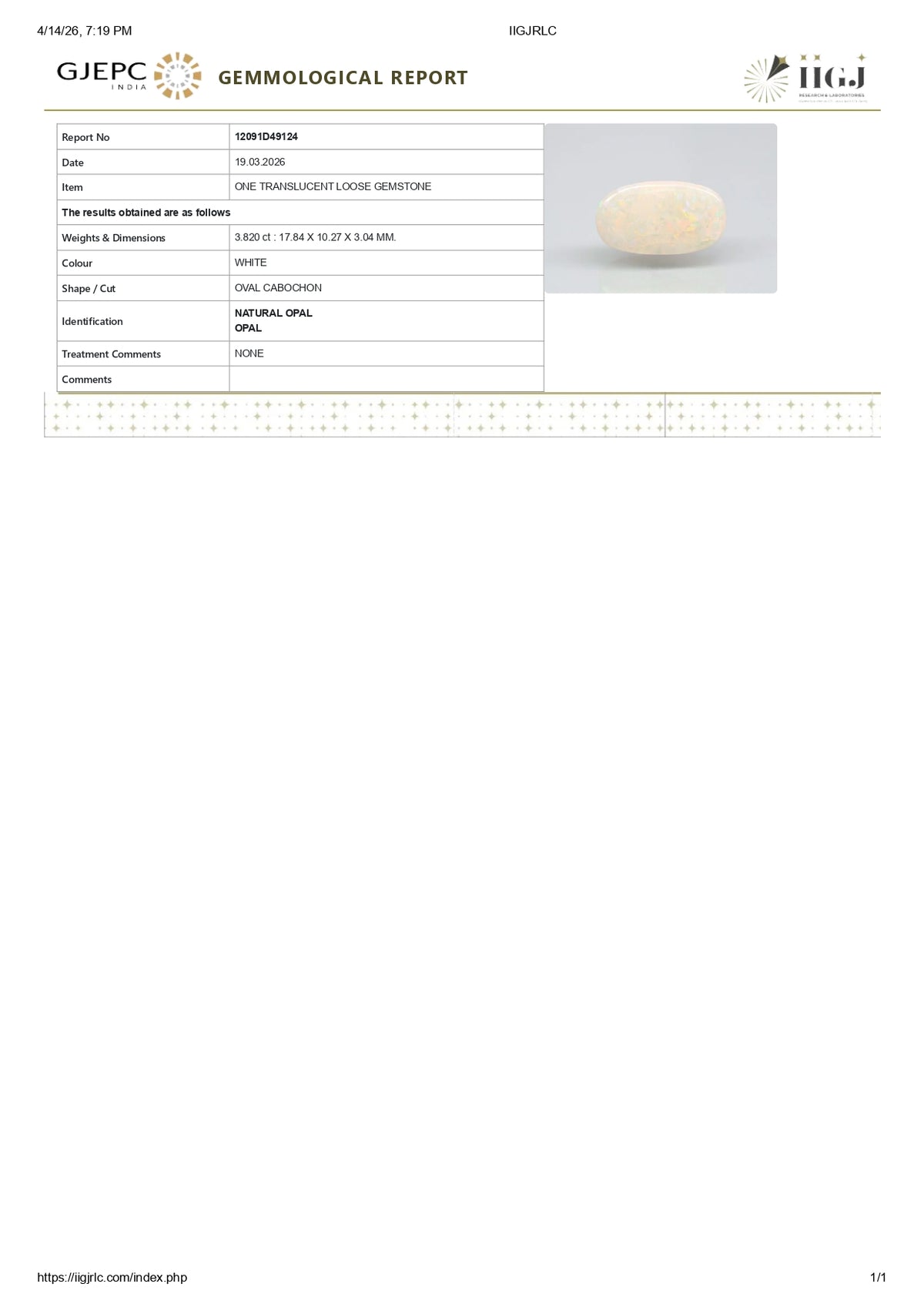 White Opal With Fire 3.82 Carats / 4.2 Ratti