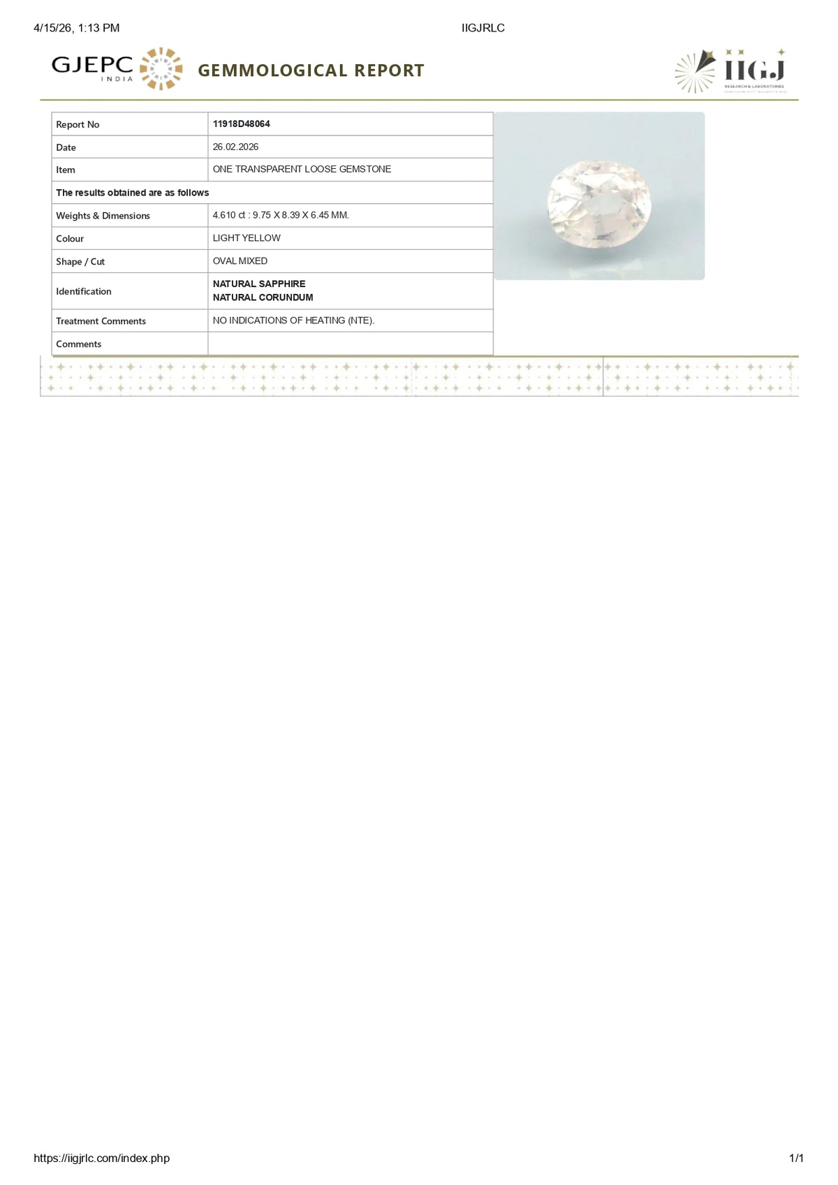 Natural White Sapphire 4.61 Carats / 5.07 Ratti