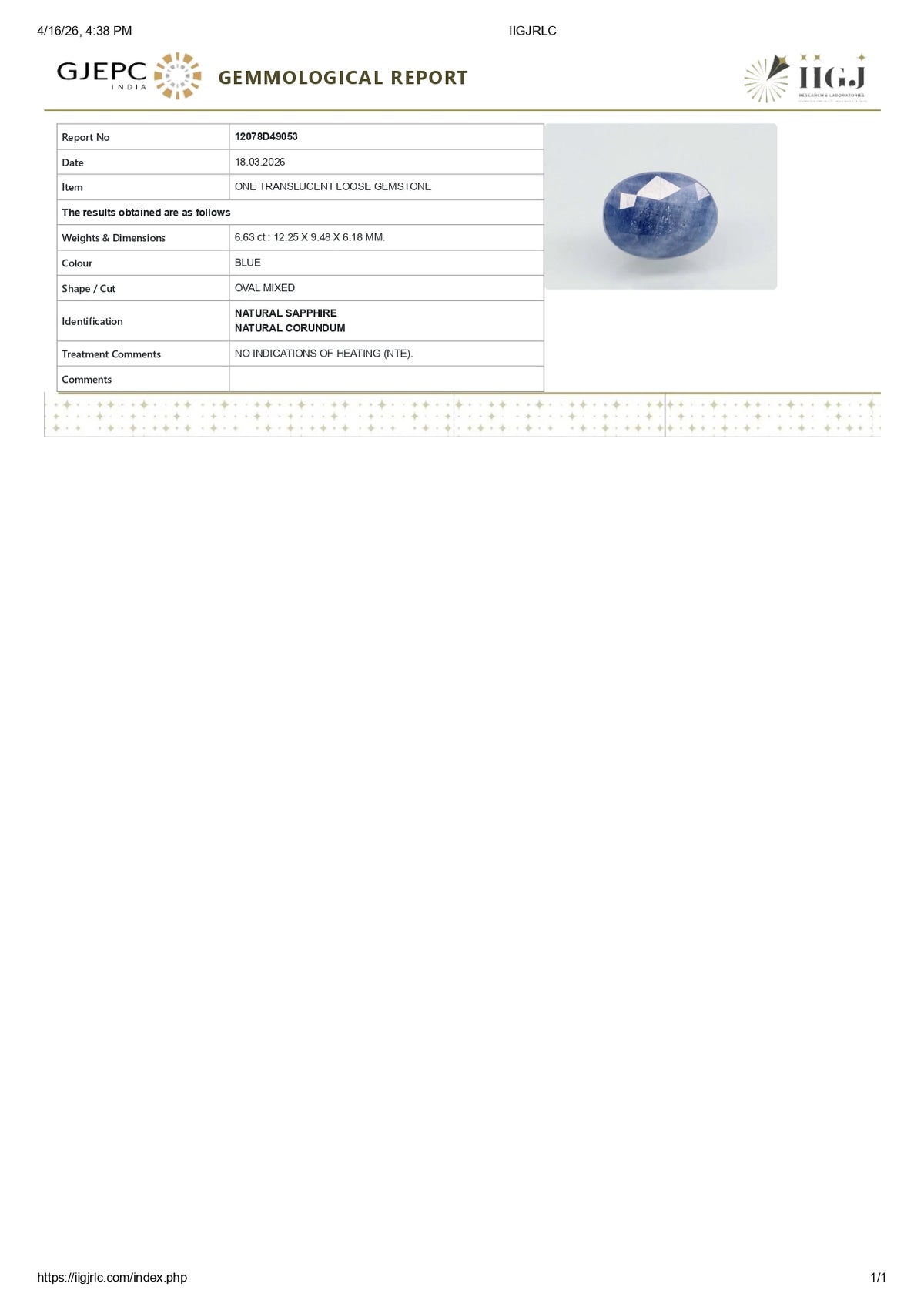 Natural Blue Sapphire 6.63 Carats / 7.29 Ratti