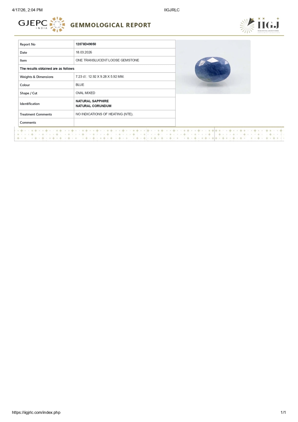 Natural Blue Sapphire 7.23 Carats / 7.95 Ratti