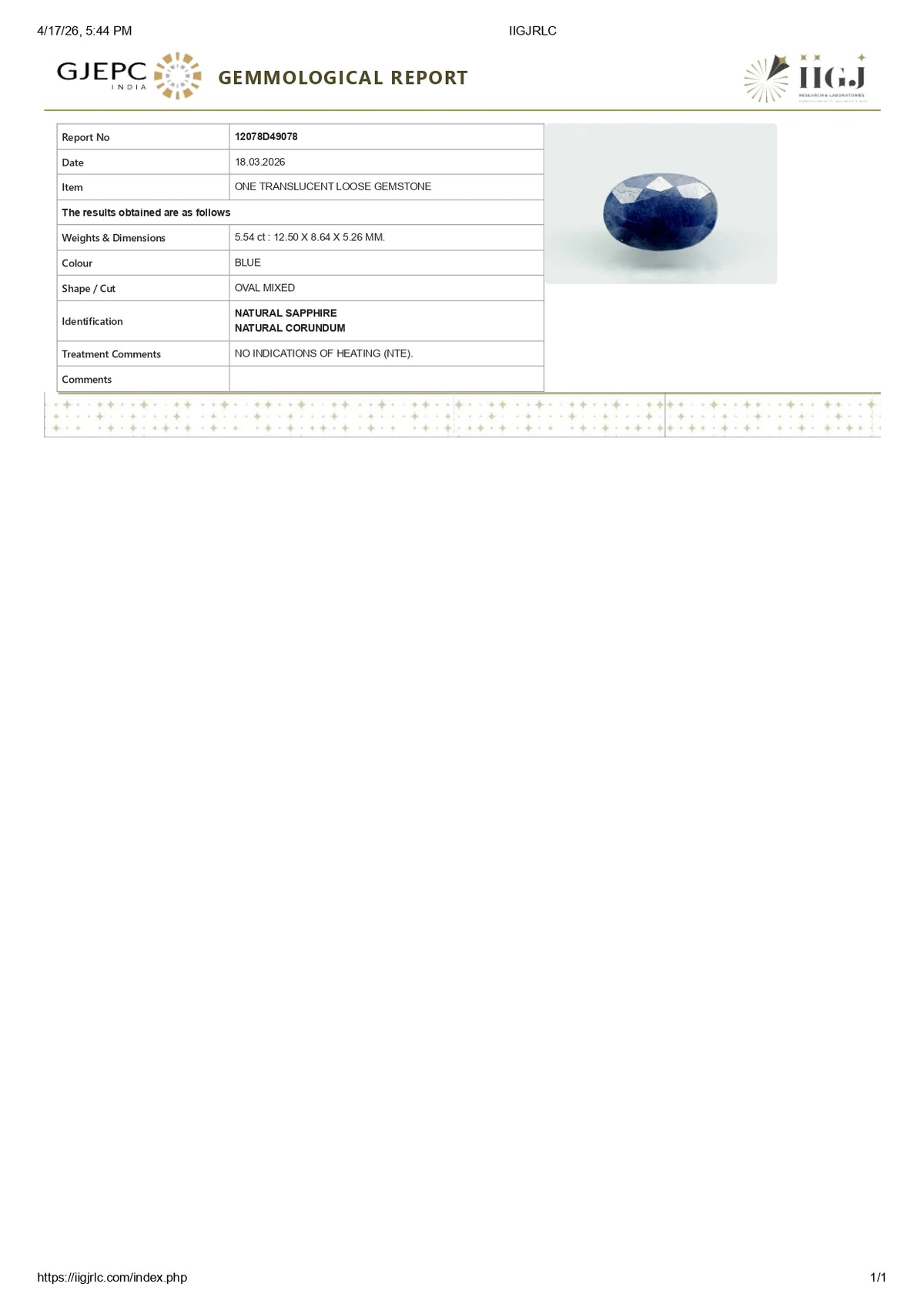 Natural Blue Sapphire 5.54 Carats / 6.09 Ratti