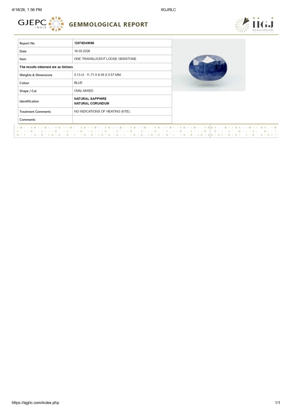 Natural Blue Sapphire 5.13 Carats / 5.64 Ratti