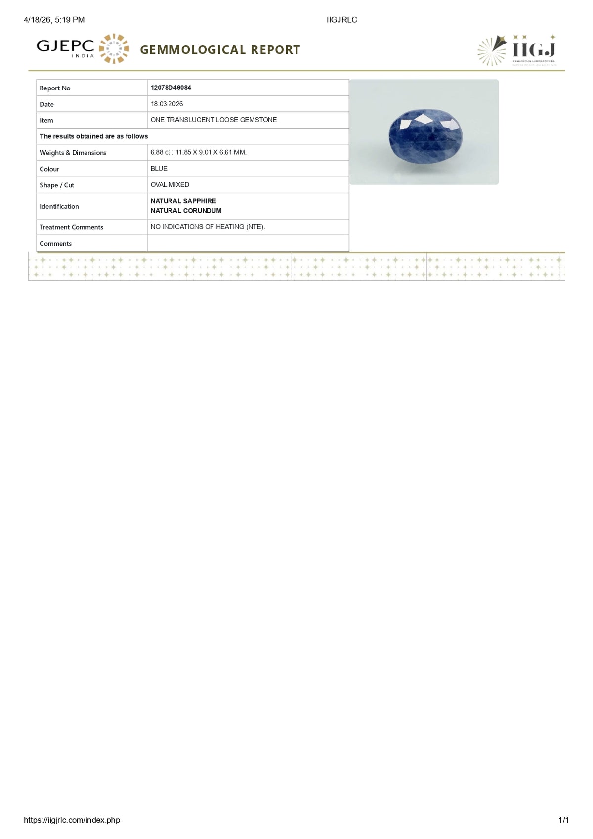 Natural Blue Sapphire 6.88 Carats / 7.56 Ratti