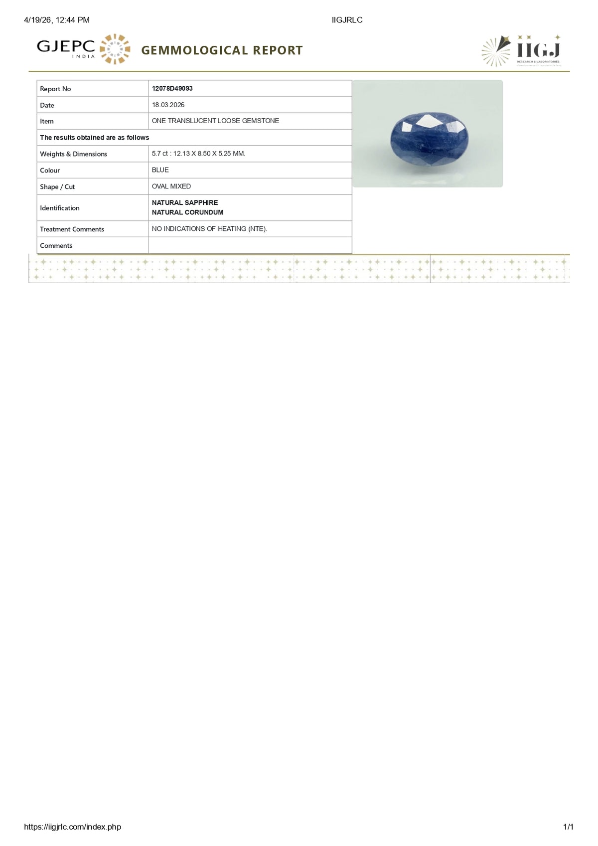 Natural Blue Sapphire 5.70 Carats / 6.26 Ratti