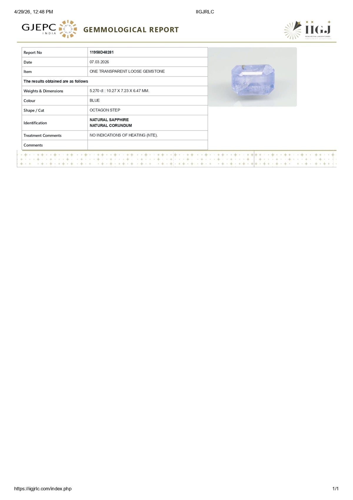 Natural Blue Sapphire 5.27 Carats / 5.79 Ratti