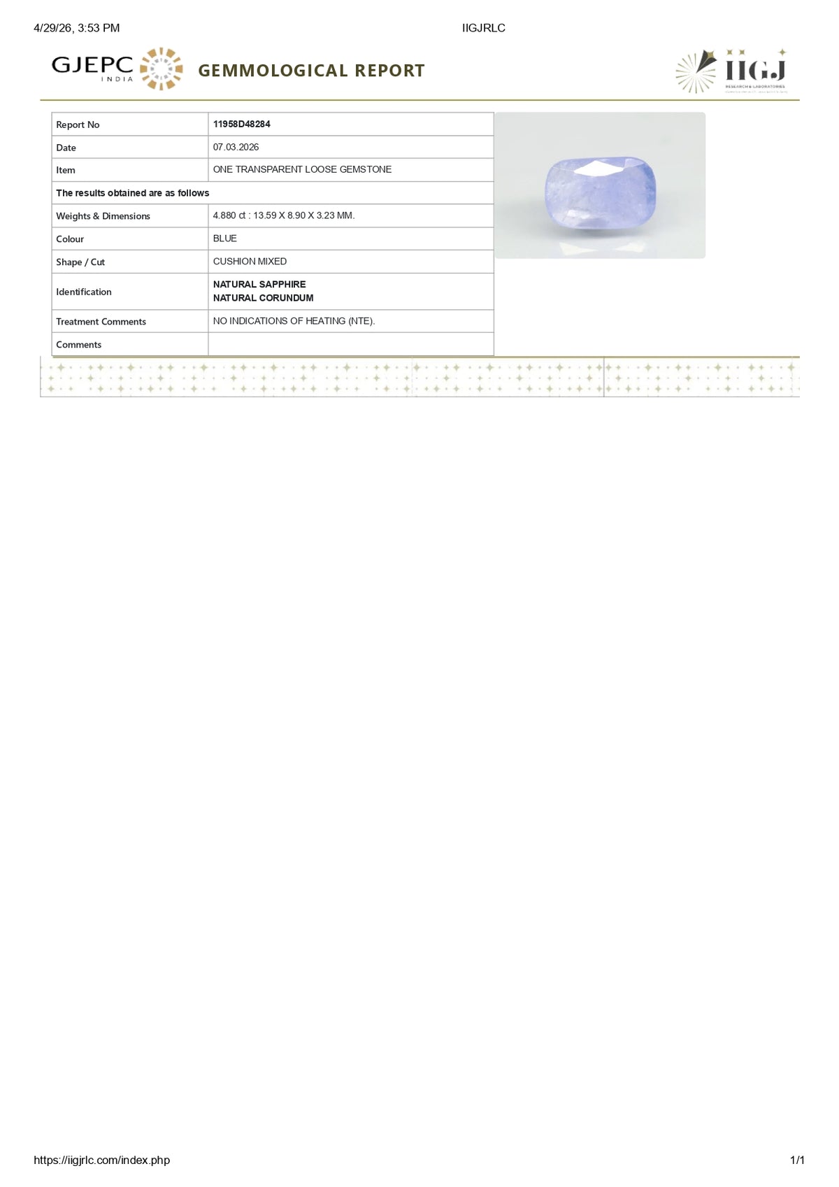 Natural Blue Sapphire 4.88 Carats / 5.36 Ratti