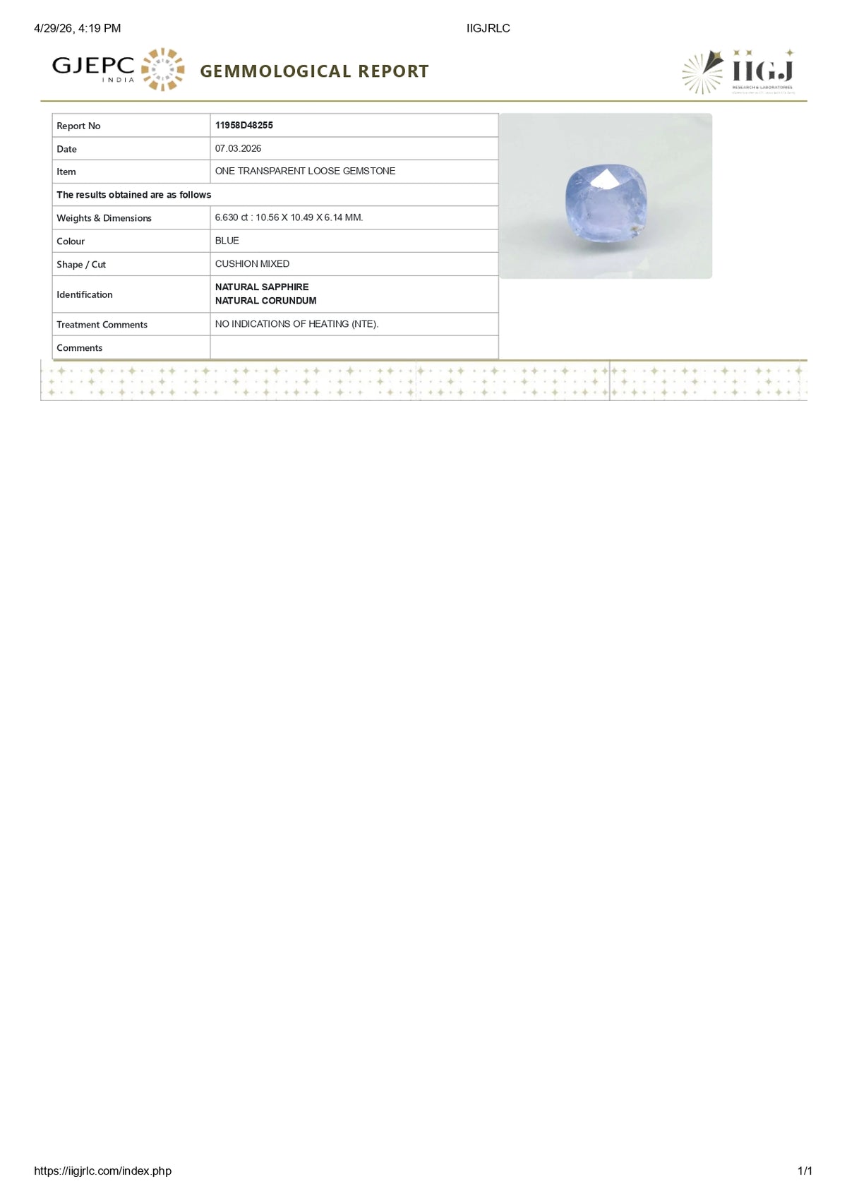 Natural Blue Sapphire 6.63 Carats / 7.29 Ratti