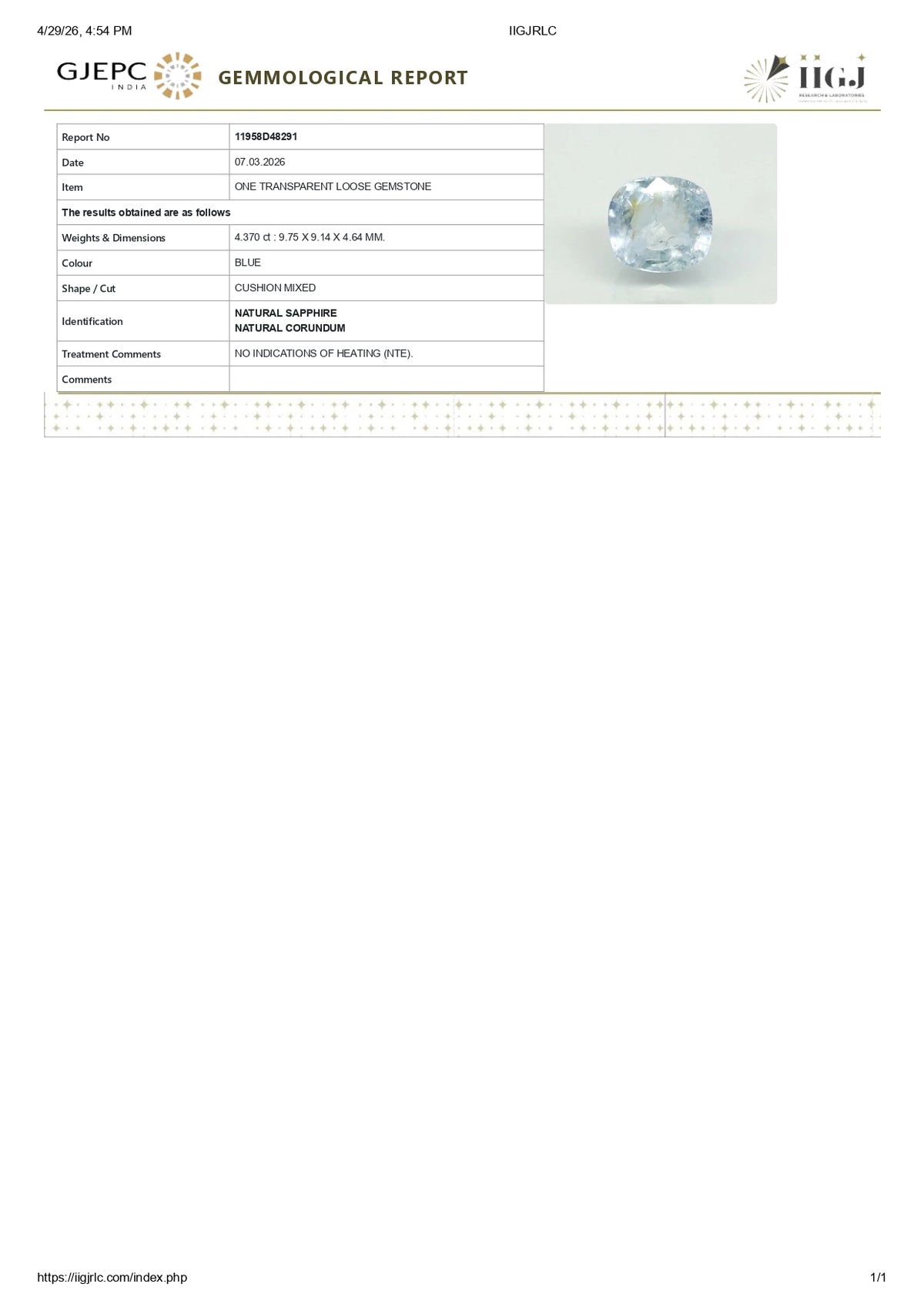 Natural Blue Sapphire 4.37 Carats / 4.8 Ratti