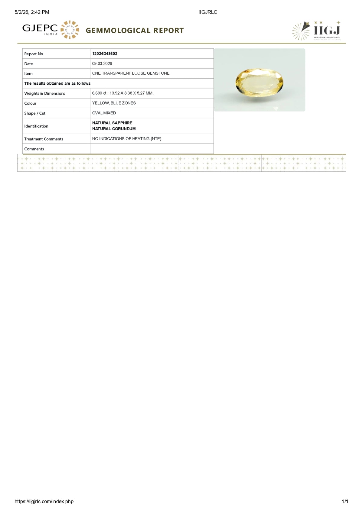Natural Pitambari 6.69 Carats / 7.35 Ratti