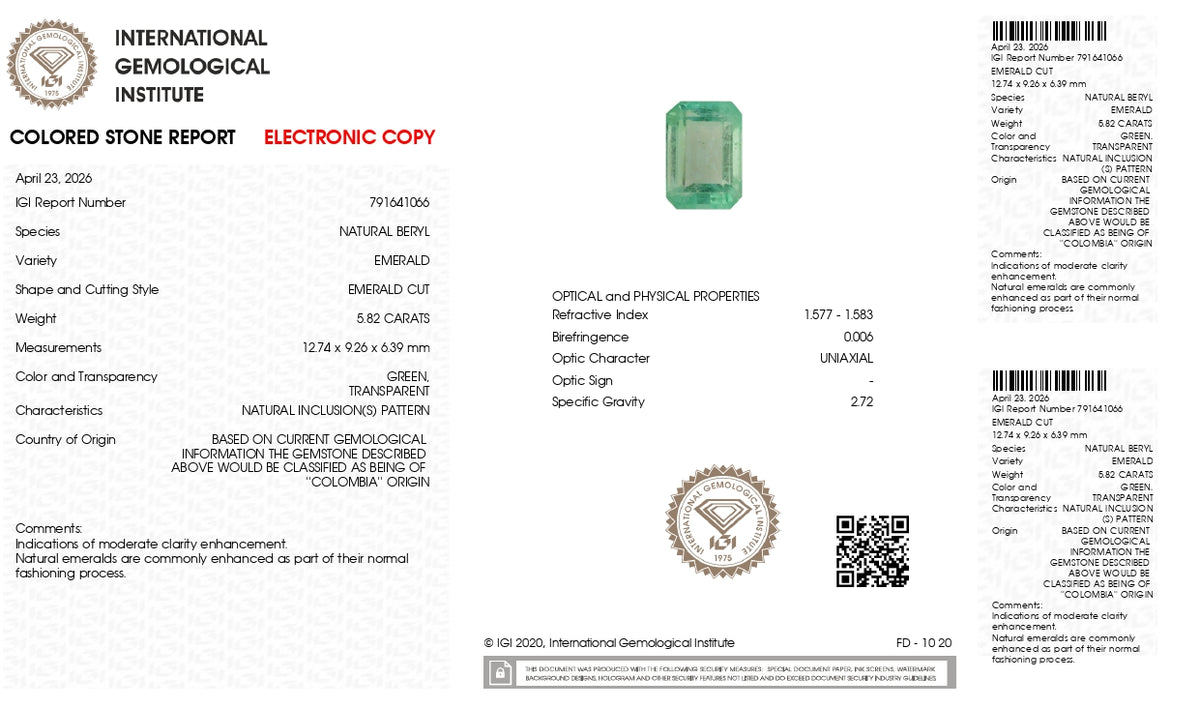 Columbian Emerald (Panna) 5.82 Carats / 6.4 Ratti