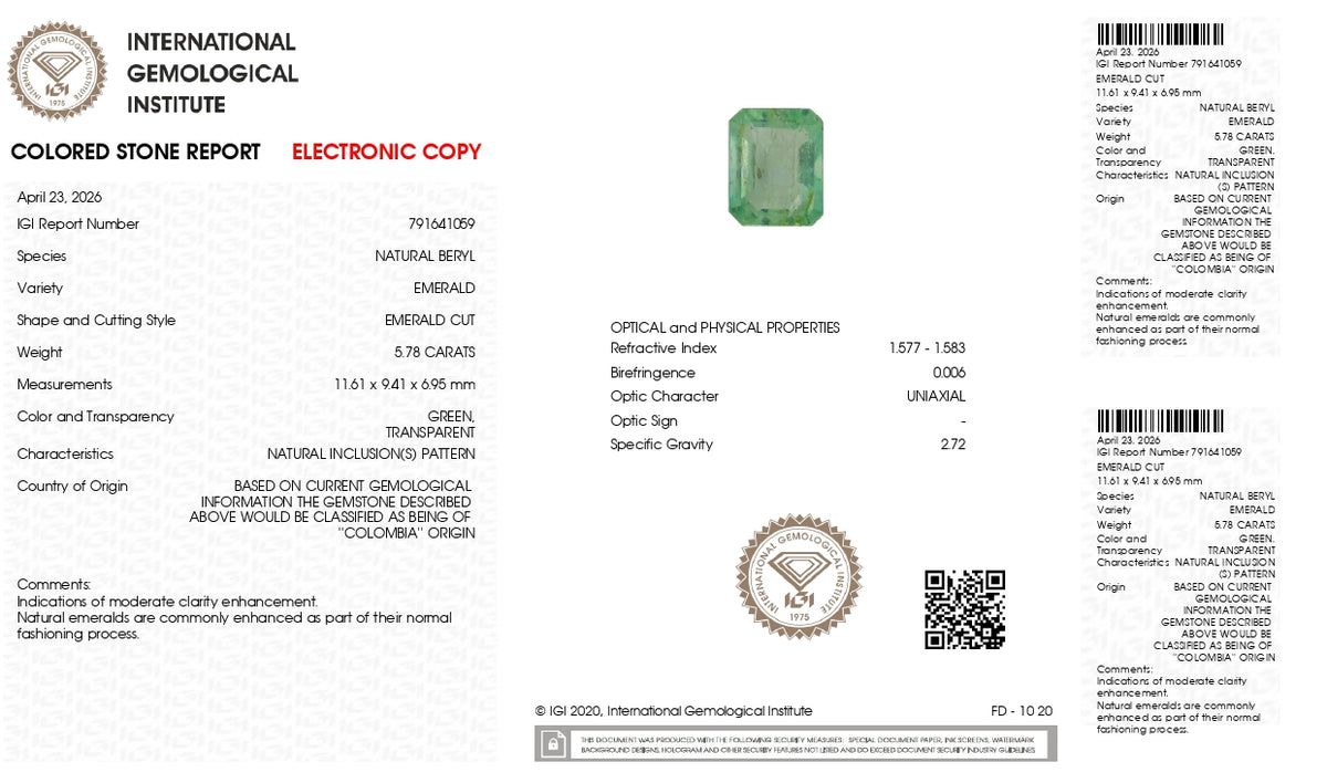Columbian Emerald (Panna) 5.78 Carats / 6.35 Ratti