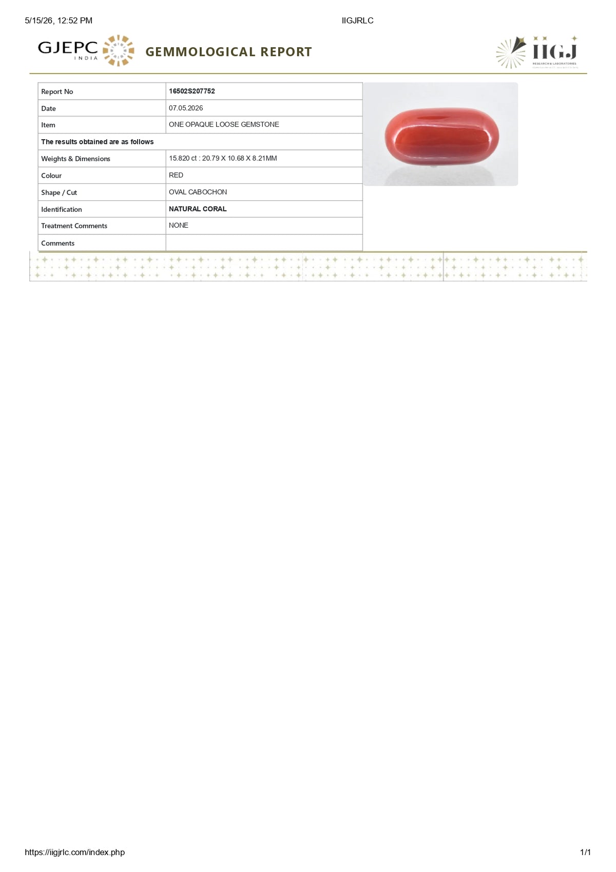 Italian Red Coral 15.82 Carats / 17.38 Ratti