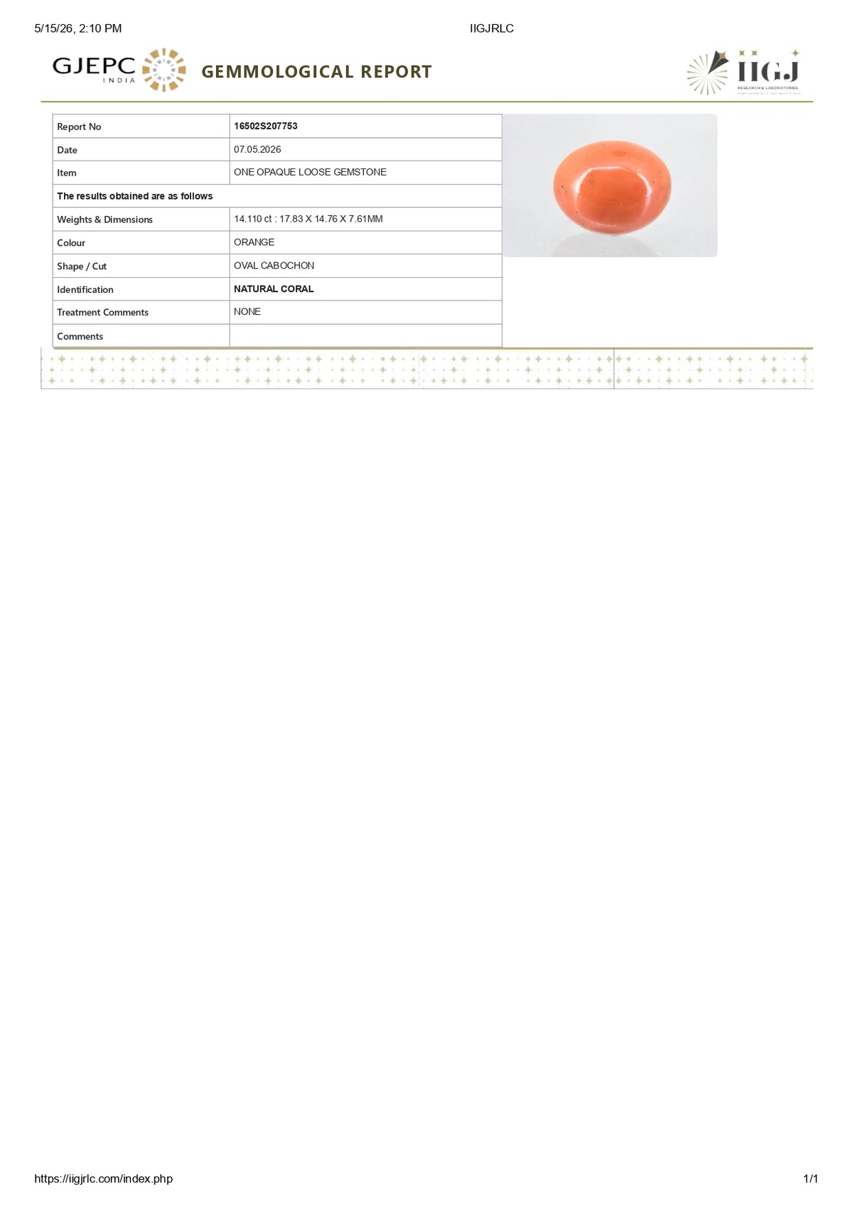 Japanese Red Coral 14.11 Carats / 15.51 Ratti