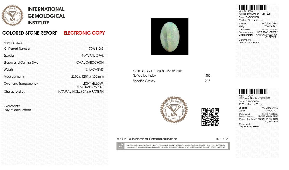 White Opal With Fire 7.16 Carats / 7.87 Ratti