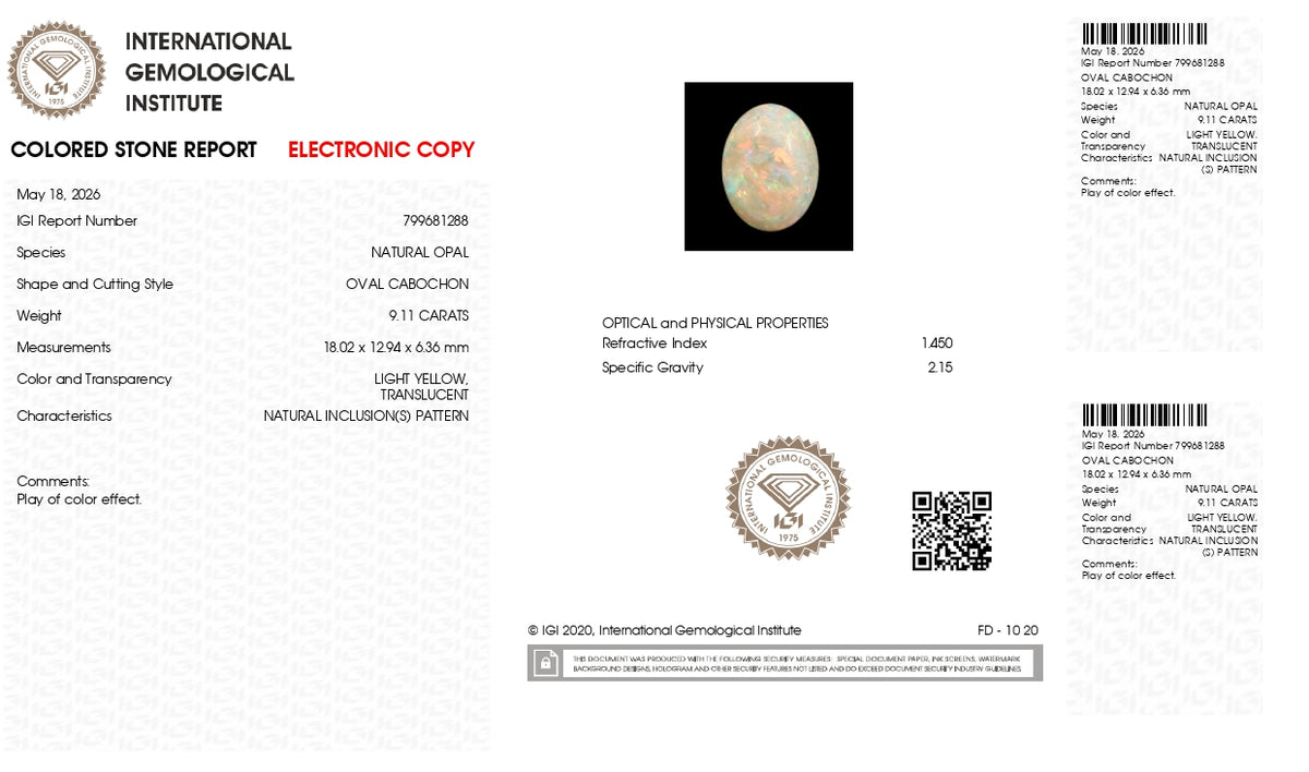 White Opal With Fire 9.11 Carats / 10.01 Ratti