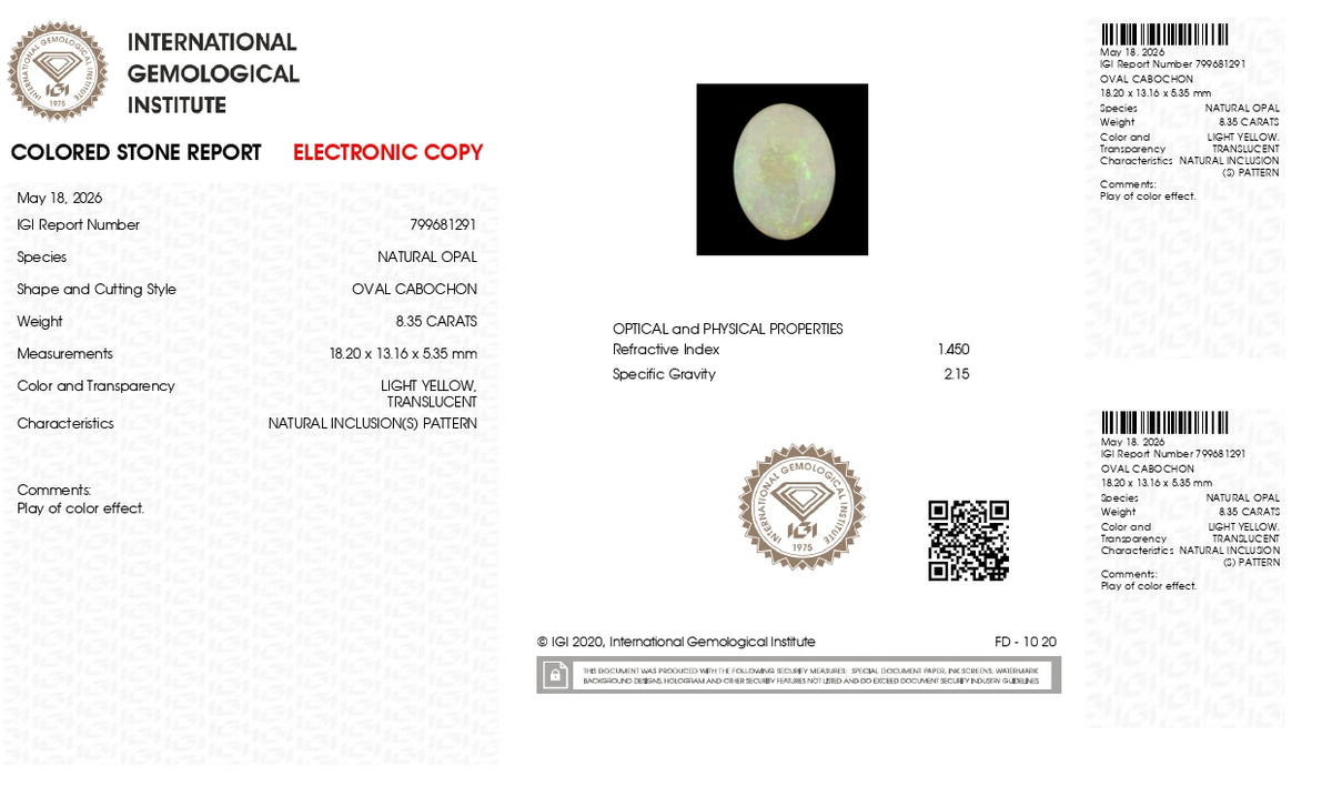 White Opal With Fire 8.35 Carats / 9.18 Ratti