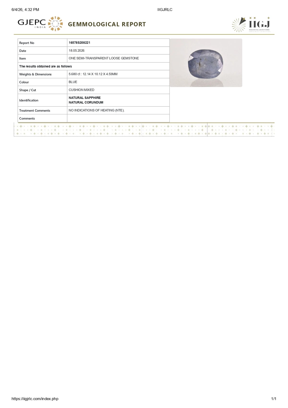 Natural Blue Sapphire 5.68 Carats / 6.24 Ratti
