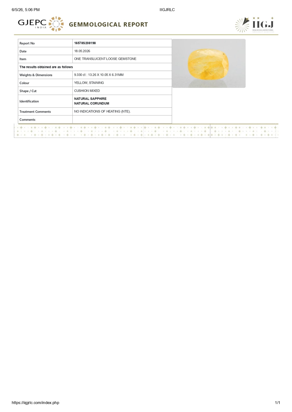 Natural Yellow Sapphire 9.33 Carats / 10.25 Ratti