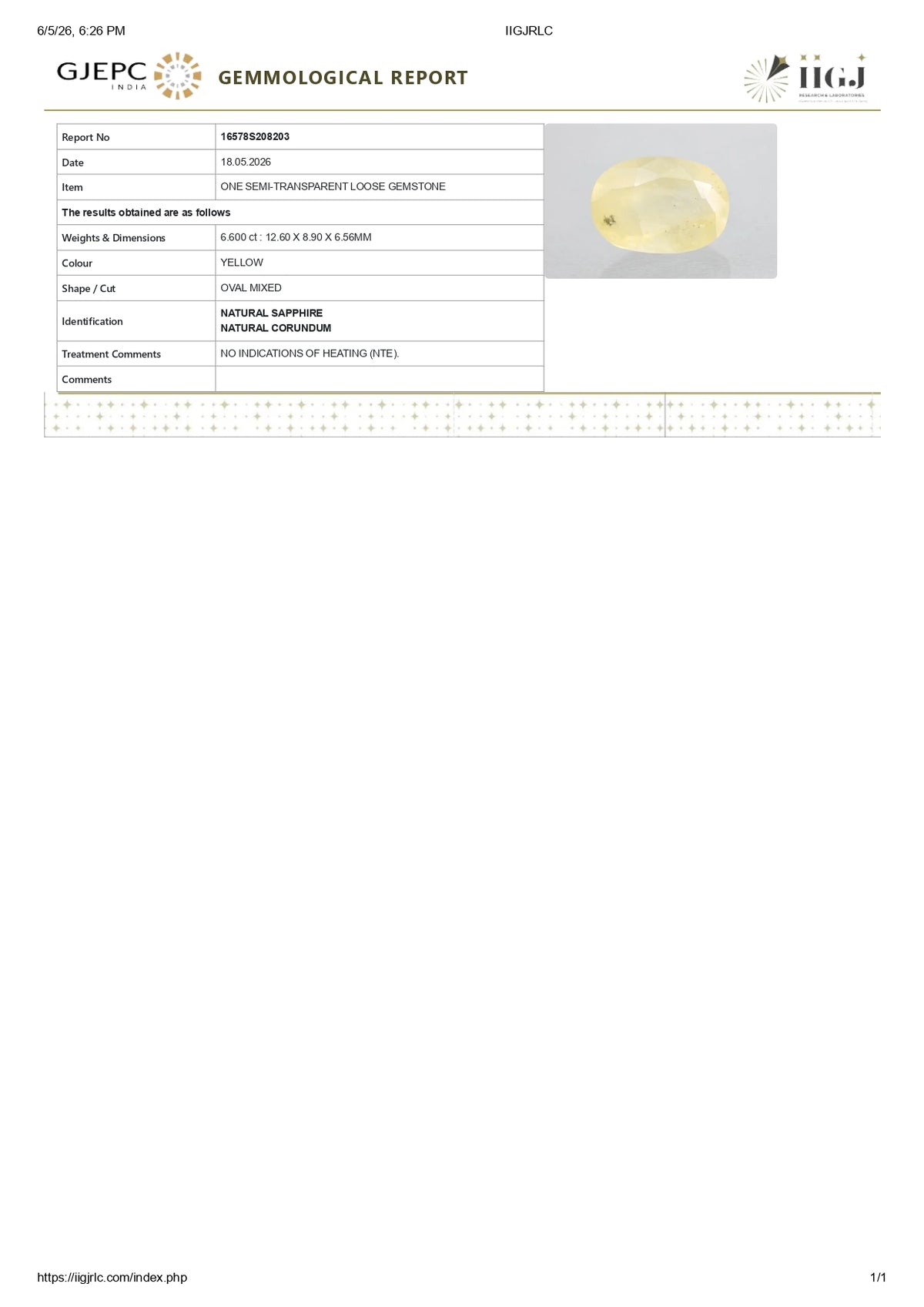 Natural Yellow Sapphire 6.60 Carats / 7.25 Ratti