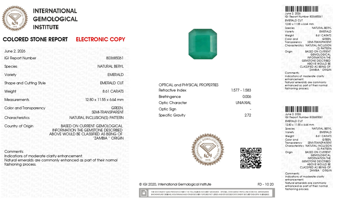 Zambian Emerald (Panna) 8.61 Carats / 9.46 Ratti