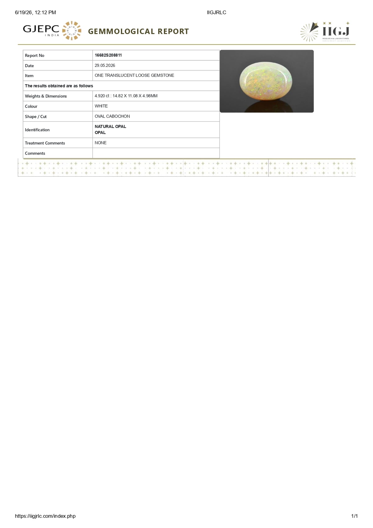 White Opal With Fire 4.92 Carats / 5.41 Ratti