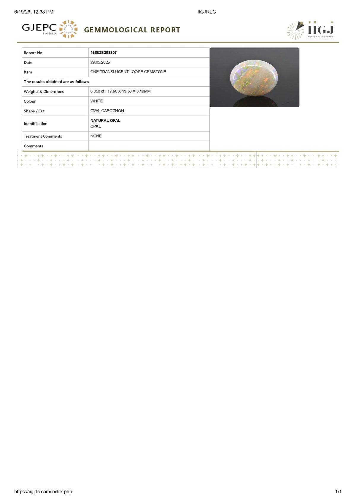 White Opal With Fire 6.85 Carats / 7.53 Ratti