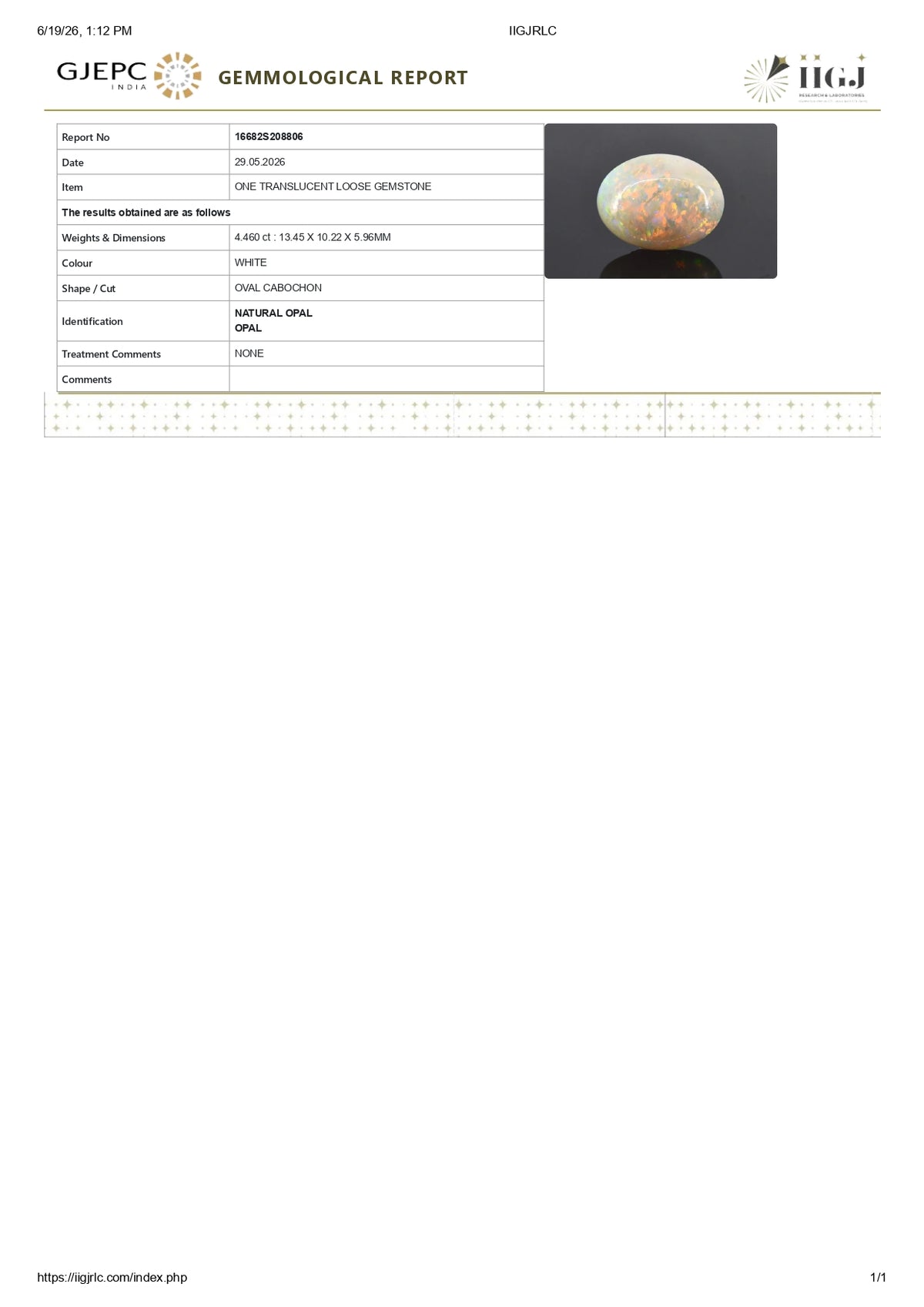 White Opal With Fire 4.46 Carats / 4.9 Ratti