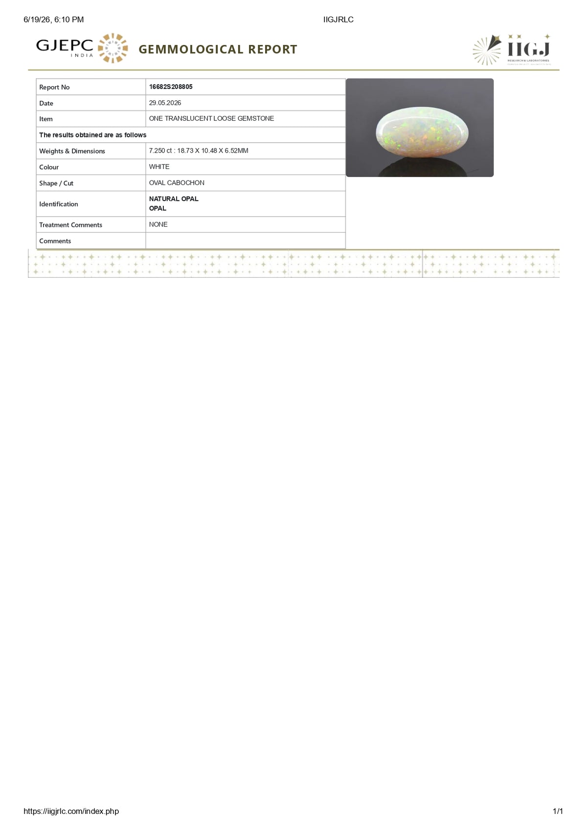 White Opal With Fire 7.25 Carats / 7.97 Ratti