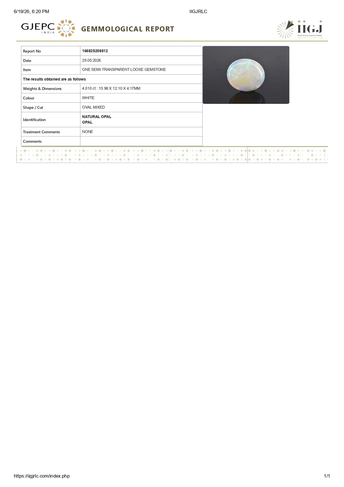 White Opal With Fire 4.01 Carats / 4.41 Ratti