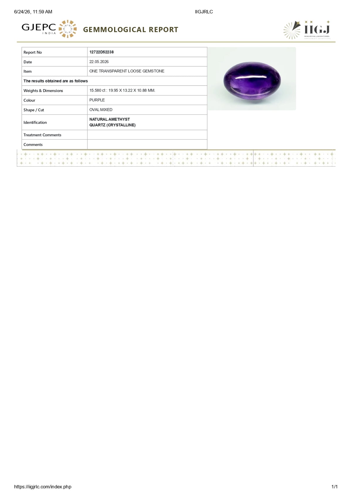 Natural Amethyst 15.58 Carats / 17.12 Ratti