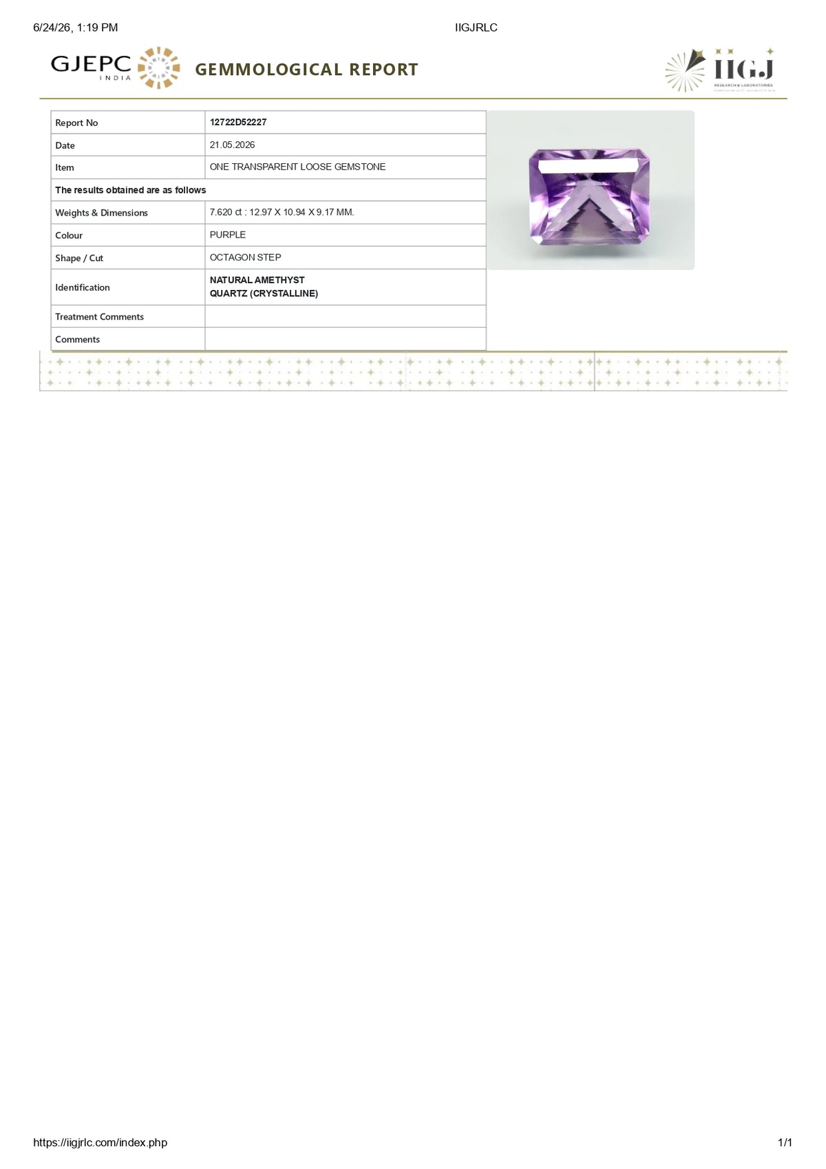 Natural Amethyst 7.62 Carats / 8.37 Ratti