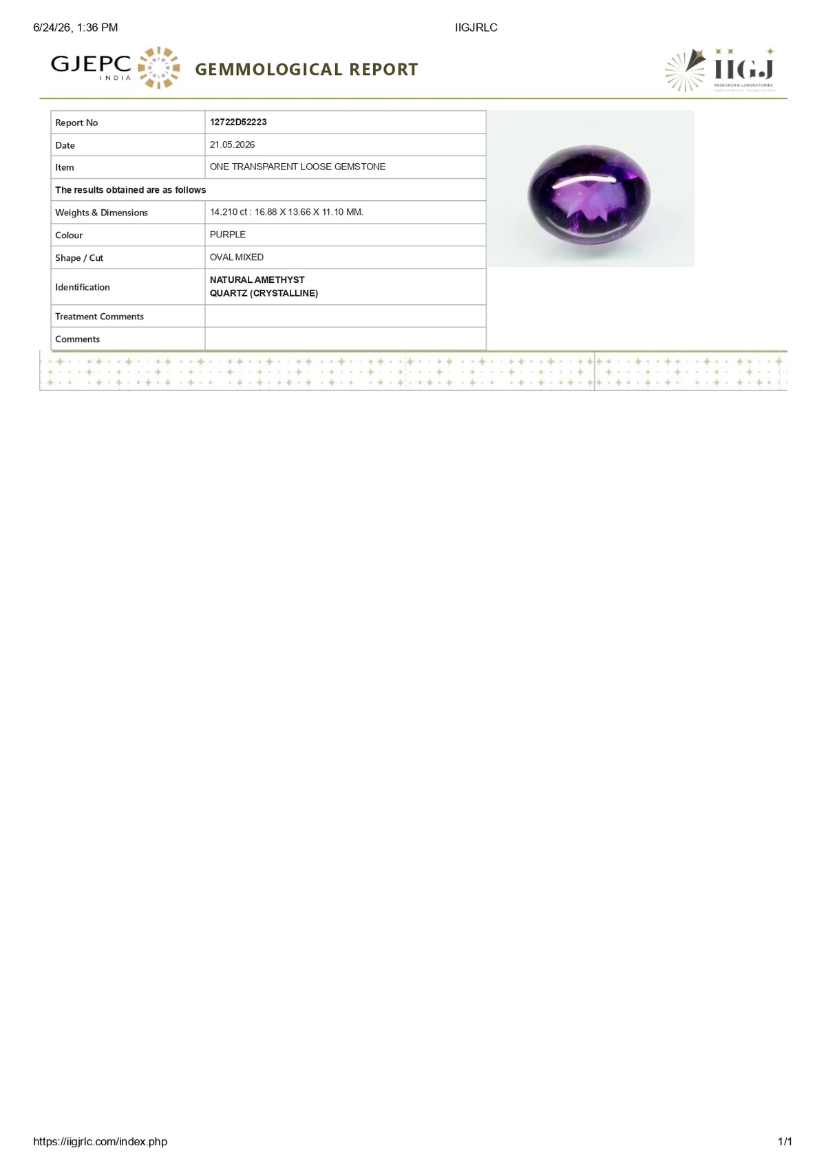 Natural Amethyst 14.21 Carats / 15.62 Ratti