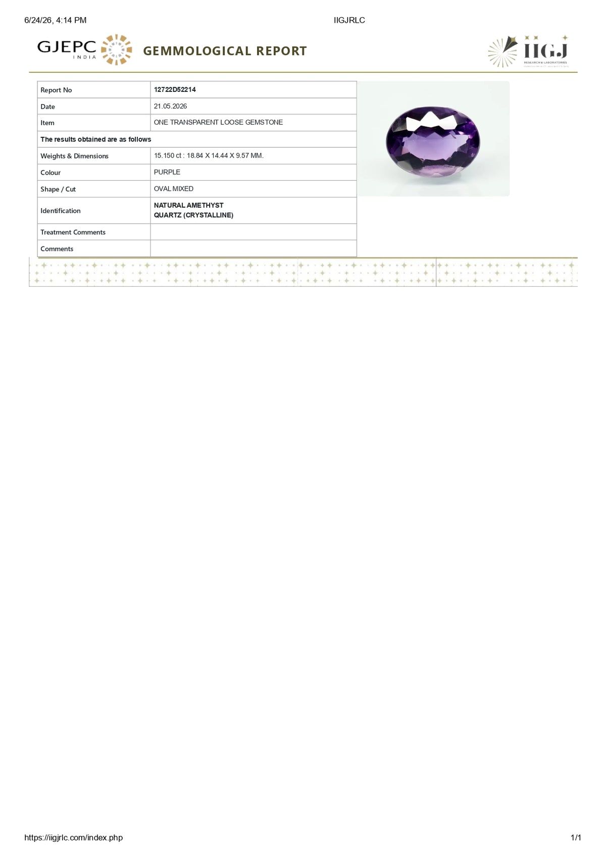 Natural Amethyst 15.15 Carats / 16.65 Ratti