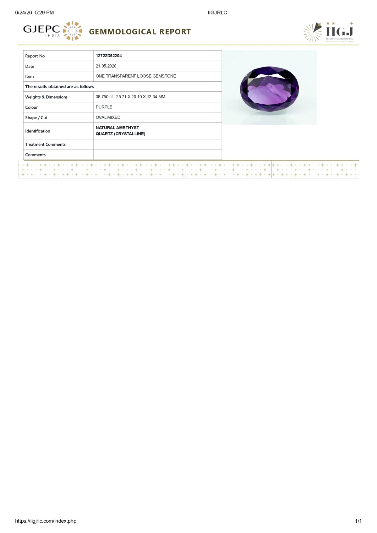 Natural Amethyst 36.75 Carats / 40.38 Ratti