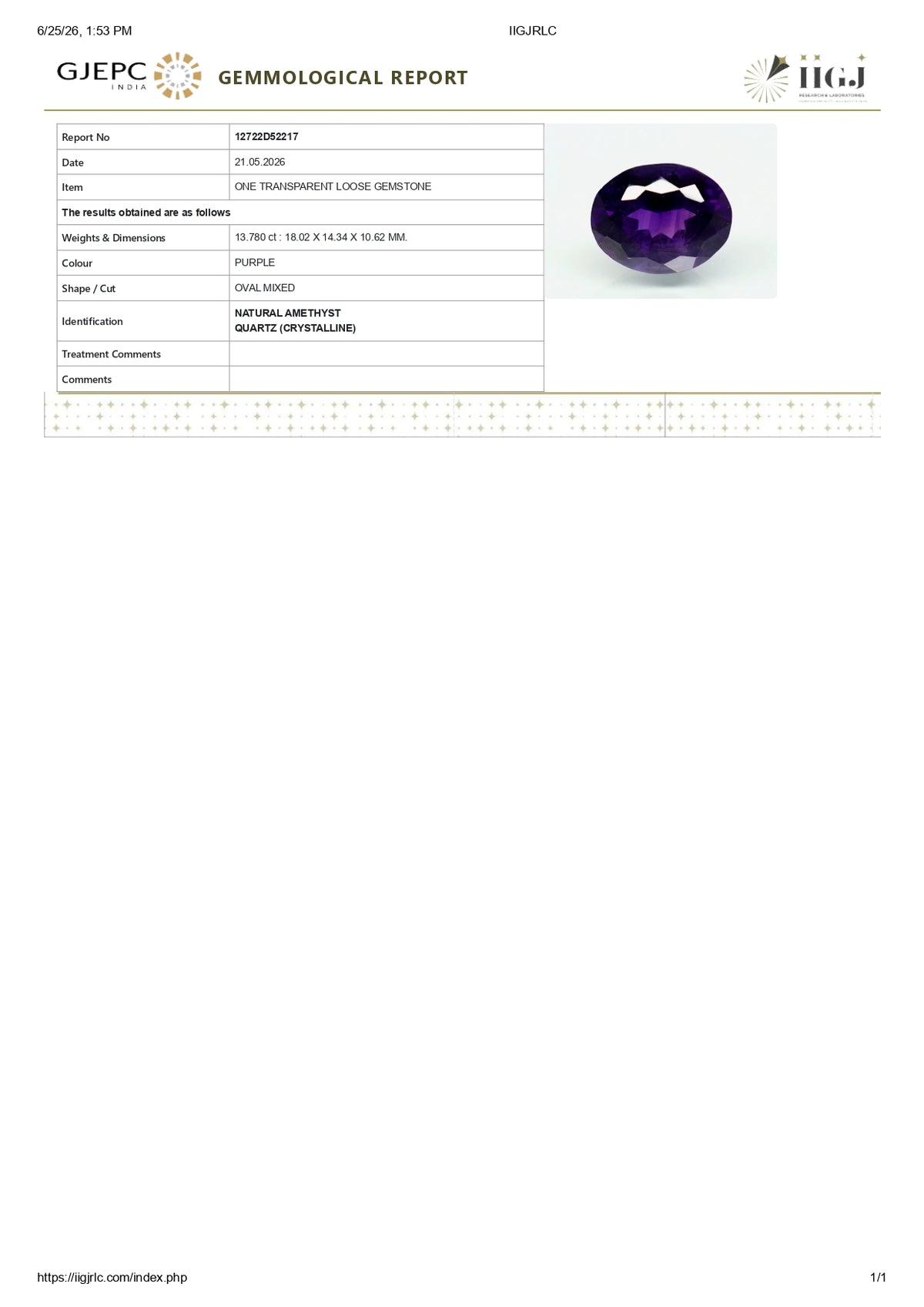 Natural Amethyst 13.78 Carats / 15.14 Ratti