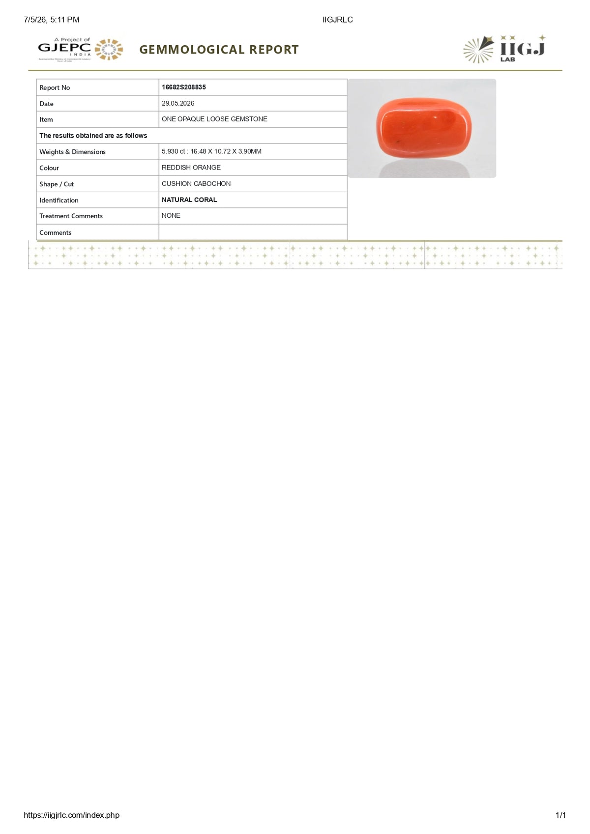 Italian Red Coral 5.93 Carats / 6.52 Ratti